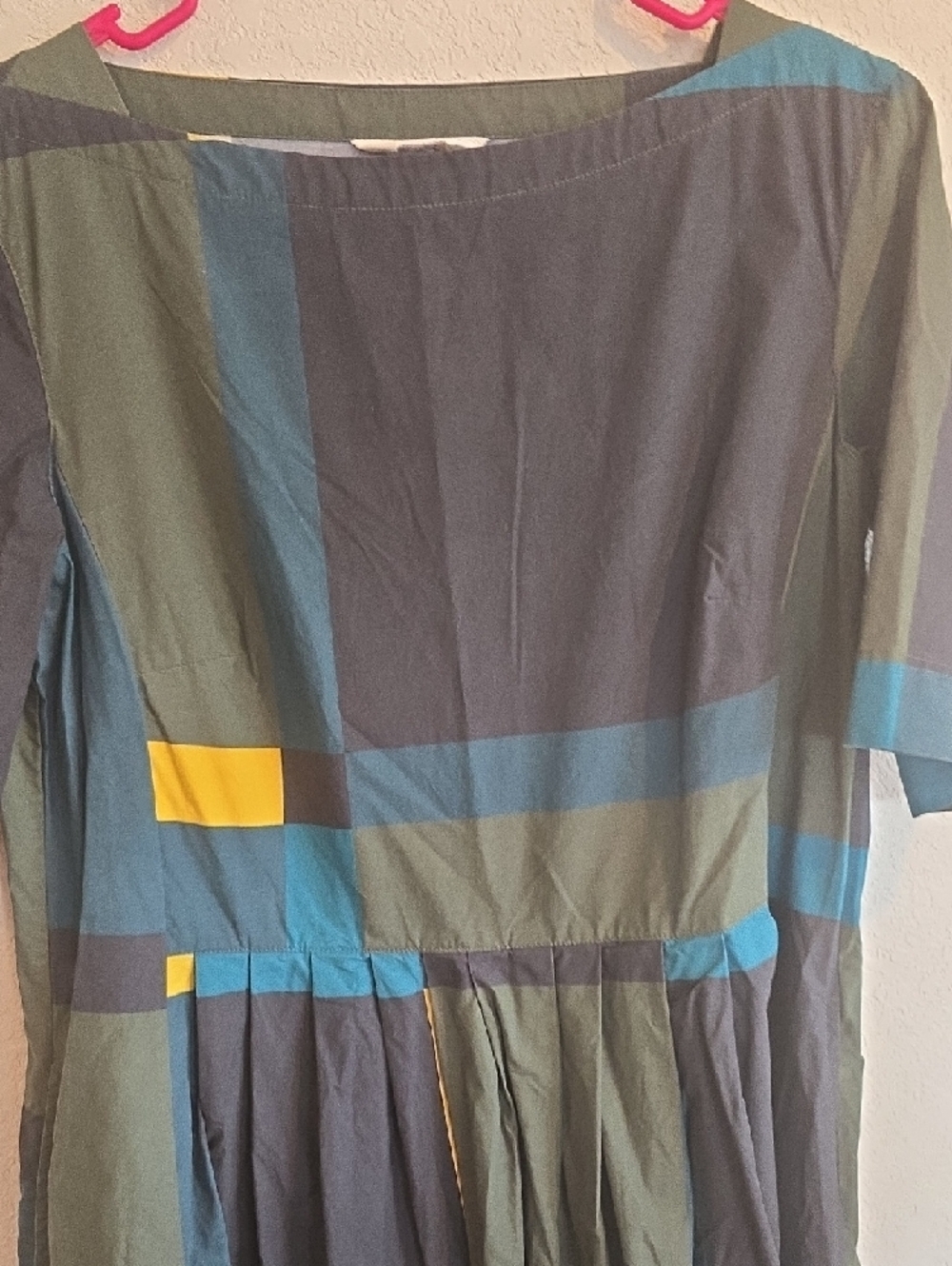 Plaid Midi Dress in Olive, Teal & Yellow Accent - Picture 6 of 7